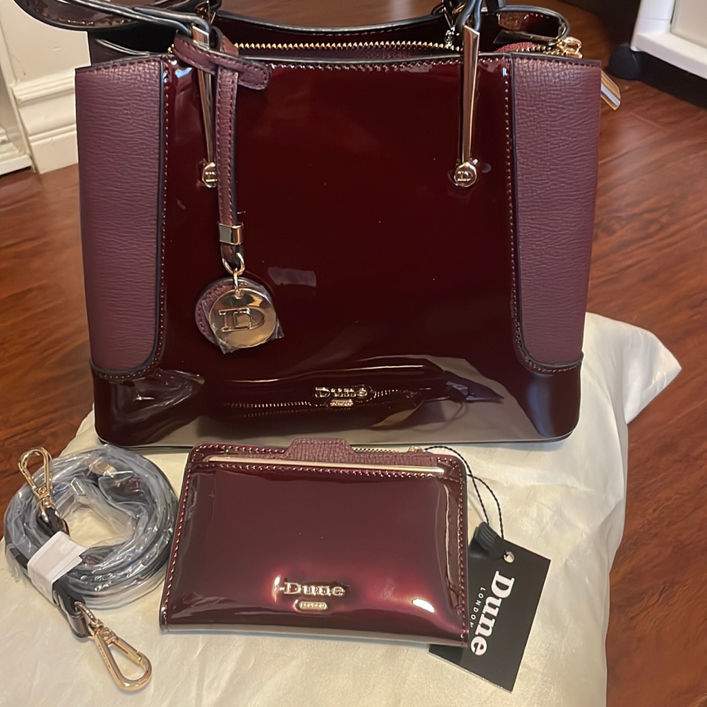 Dune London Patent Berry Handbag Wallet With Strap Set